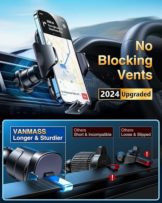 VANMASS [True Military-Grade] Car Phone Holder [Best Suction & Clip] Cell Phone Mount for Dashboard Windshield Vent Truck Cradle Dash Stand for iPhone 15 Pro Max 14 13 12 Android, White