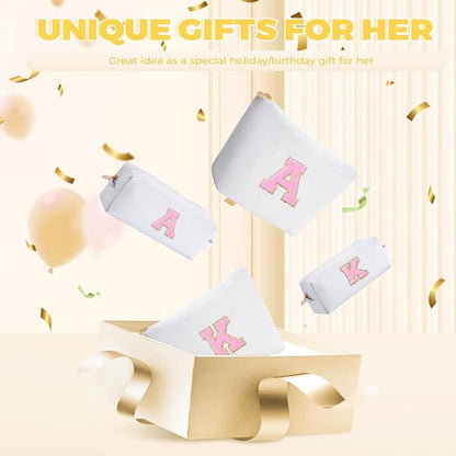 Makeup Bag Set Initials Cosmetic Bag,Gifts for 10 11 12 13 14 15 16 17 18 Years Old Girl Girlfriend Teen Girls Gift Trendy Stuff Personalized Toiletry Bag Travel - White,A