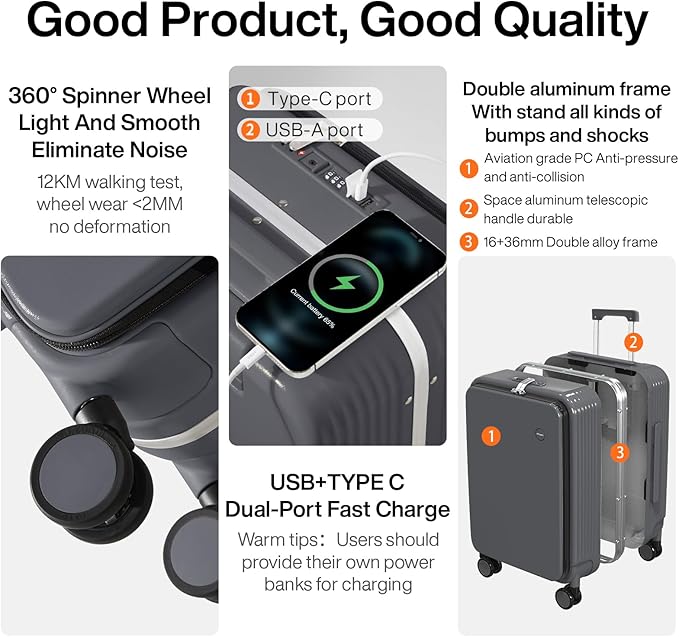 mixi Carry On Luggage with Cup Phone Holder and Charger Hard Shell Suitcases with Spinner Wheels,20 Inch Rock Gray