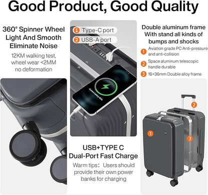 mixi Carry On Luggage with Cup Phone Holder and Charger Hard Shell Suitcases with Spinner Wheels,20 Inch Rock Gray