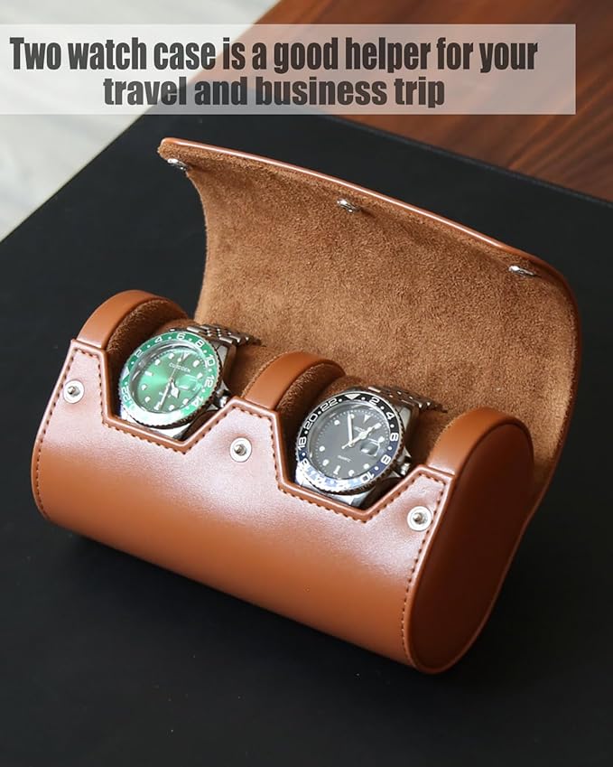 Watch Roll Travel Case for Men and Women with Suede Lining Portable 2 Slot Watch Display Storage and Organizer to Holder Large Watch(2 Slot Light Brown)