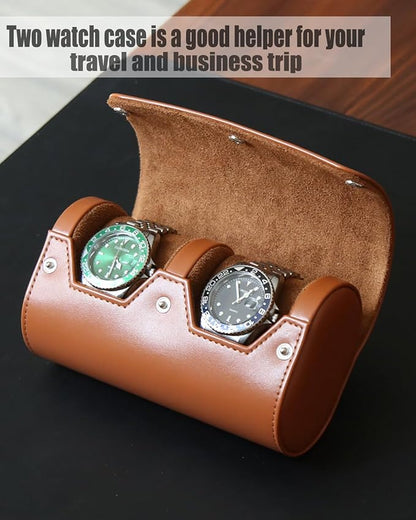 Watch Roll Travel Case for Men and Women with Suede Lining Portable 2 Slot Watch Display Storage and Organizer to Holder Large Watch(2 Slot Light Brown)