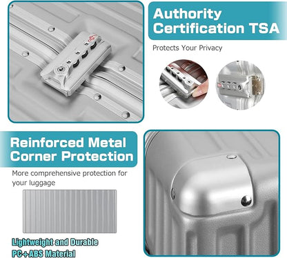 AnyZip Luggage Aluminium Frame Suitcase Hard Shell TSA Lock No Zipper 28In Silver