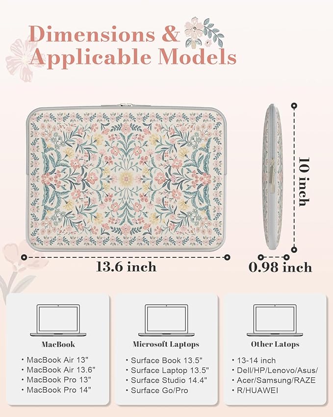 iCasso Laptop Sleeve 13 inch for MacBook Air 13-13.6 inch, Cute Laptop case for MacBook Pro 13 inch, Slim Protective Travel Carrying Case for MacBook Pro 14 inch, Chromebook, HP, Pink Boho Floral