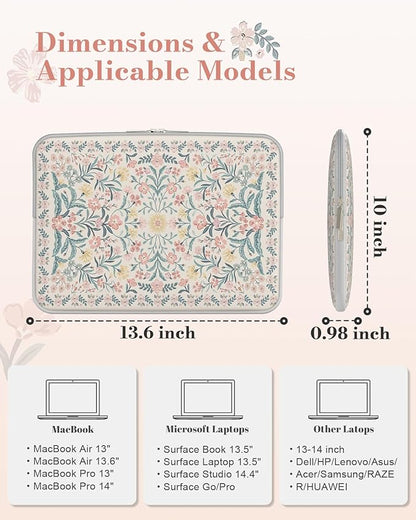 iCasso Laptop Sleeve 13 inch for MacBook Air 13-13.6 inch, Cute Laptop case for MacBook Pro 13 inch, Slim Protective Travel Carrying Case for MacBook Pro 14 inch, Chromebook, HP, Pink Boho Floral