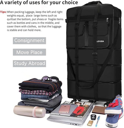 130L Expandable Luggage, 40 Inch Suitcase with Wheels, Collapsible Luggage with Wheels, Rolling Duffle Bag with wheels, Foldable Suitcasewith2Handle Wrap 2Fixing Straps 1Shoulder Strap (Black)
