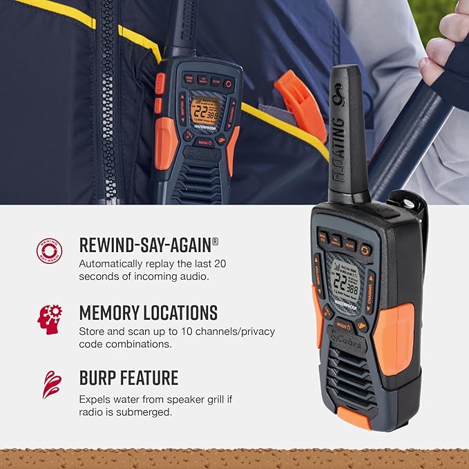 Cobra ACXT1037R FLT Floating Walkie Talkie - Waterproof, Rechargeable, Long Range up to 37-Mile Two Way Radio with NOAA Weather Alert & VOX, (1 Pack)