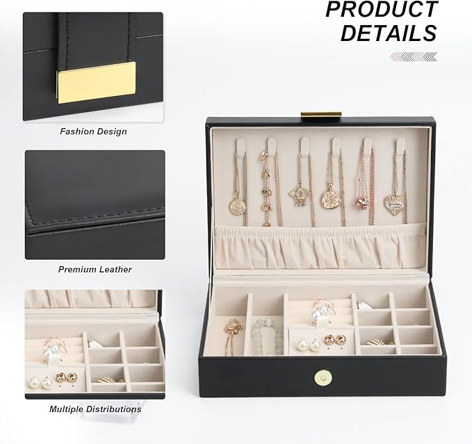 Jewelry Box Travel Jewelry Organizer Case for Women Portable Storage for Earrings, Necklaces, Rings, Bracelets Gift Box Black