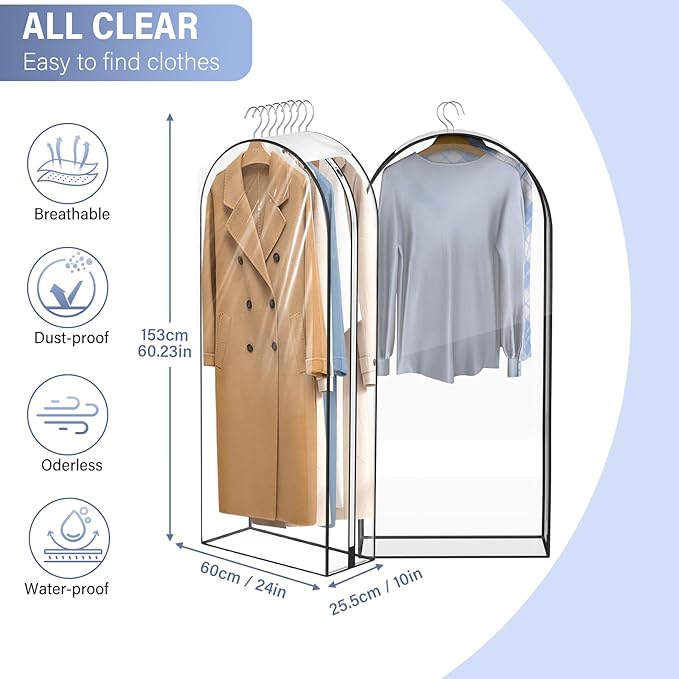 10" Gusseted All Clear Garment Bags - 4 Pack 60" Hanging Clothes Storage Bags for Suits, Coats, Dresses, Shirts - Side Zipper, Breathable Fabric, Dustproof, Waterproof PEVA Material (60 inch)