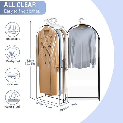 10" Gusseted All Clear Garment Bags - 4 Pack 60" Hanging Clothes Storage Bags for Suits, Coats, Dresses, Shirts - Side Zipper, Breathable Fabric, Dustproof, Waterproof PEVA Material (60 inch)