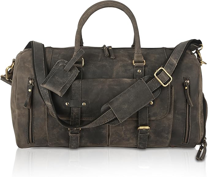 KomalC 24 Inch Leather Duffle Bags for Men and Women Travel Overnight Weekend Bag Sports Gym Duffel for Men (Charcoal Black With Shoe Pocket)