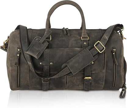 KomalC 24 Inch Leather Duffle Bags for Men and Women Travel Overnight Weekend Bag Sports Gym Duffel for Men (Charcoal Black With Shoe Pocket)