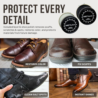 Deluxe Shoe Polish Kit - Portable 7pc Shoe Shine Kit with Genuine Horsehair Brush, Black Shoe Polish, and Clear Shoe Polish - Suede Shoe Cleaning Kit for Sneakers, Leather Shoes, and Boots