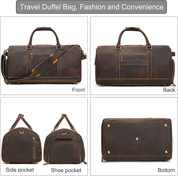 Genuine Full-grain Leather Travel Bag Large Capacity Duffel Luggage Bag with Shoe Compartment, Men Women Weekend Shoulder HandBag for Holiday Trip