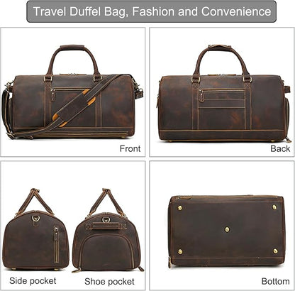 Genuine Full-grain Leather Travel Bag Large Capacity Duffel Luggage Bag with Shoe Compartment, Men Women Weekend Shoulder HandBag for Holiday Trip