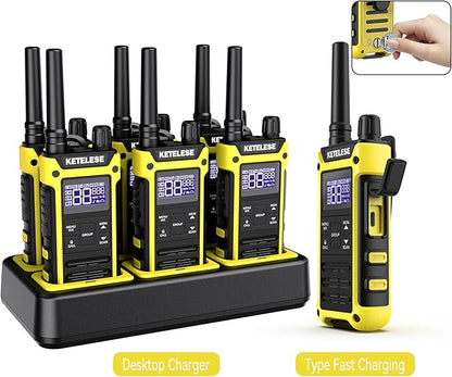 KETELESE T3F Walkie Talkies 6 Pack for Adults, IP67 Waterproof 2 Way Radios Rechargable, with Earpiece and Mic, Shock Resistant, Dual PTT, One Key Group Call, VOX, NOAA&Wheather Alert, Black/Yellow