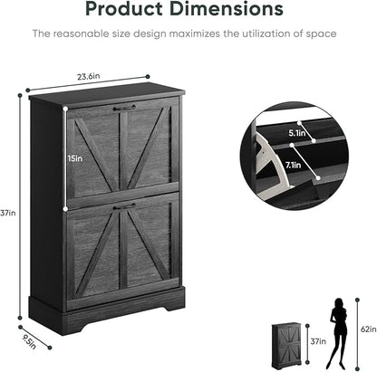 Shoe Cabinet, Shoe Storage Cabinet for Entryway with 2 Flip Drawers, Narrow Farmhouse Shoe Organizer Cabinet, Slim Shoe Rack Cabinet, 23.6in Black