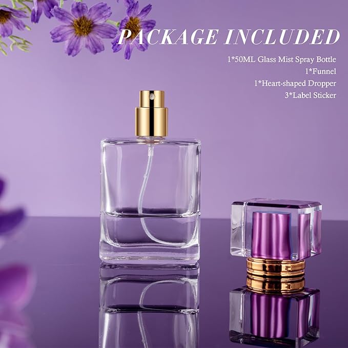 1 Pack Empty Perfume Bottles，Glass Perfume Atomizer Spray Bottle, 50ML, Ribbed Design with Purple Cap, Refillable