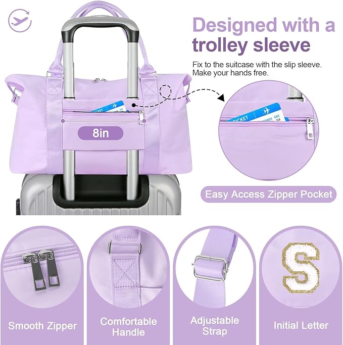 Dance Gym Duffel Bag for Teen Girls, Personalized Initial Travel Weekender Bag,Cute Overnight Carry On Duffle for Women,Sports Travel Cheer Bag,Monogram Christmas Gifts for Tween Preppy(purple-S)