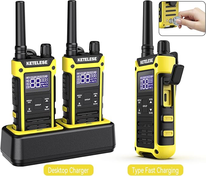 KETELESE T3 FRS IP67 Waterproof Walkie Talkies with USB Mini Charger, 1100mAh Rechargeable Batteries, NOAA Weather Alert, 2 Way Radio for Cruise Ships Surfing, 2pack, Black/Yellow