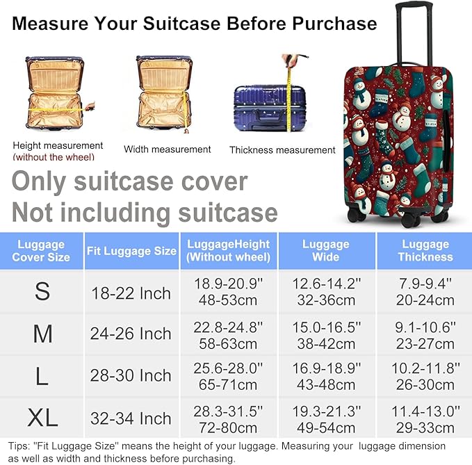 Christmas Luggage Cover - Allover Green Socks and White Snowmen Pattern on Dark Background, Stretchable Suitcase Protector for 28 30 Inch Travel Bags