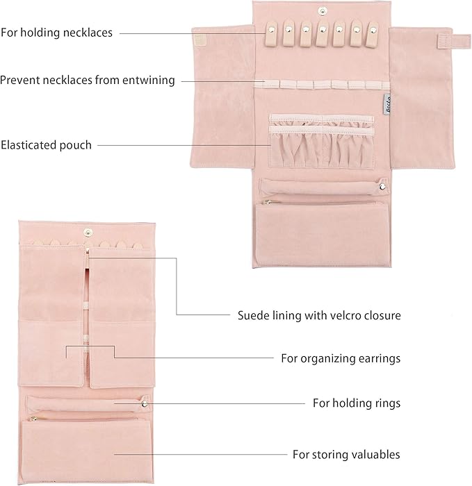 Becko US Jewelry Organizer Roll Travel Jewel Bag case for Multiple Necklaces, Rings, Bracelets, Supple Leather & Suede, Large Capacity Without Crease, Lightweight, Portable & Practical (Pink)