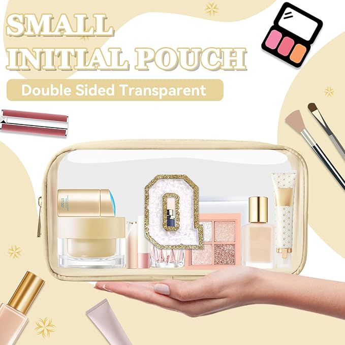 Small Clear Personalized Initial Makeup Bag, Preppy Nylon A-Z Chenille Letter Patch Makeup Organizer TSA Approved Travel Toiletry Bag,Waterproof Zip Beach Cosmetic Pouch Purse for Women(Beige-White Q)