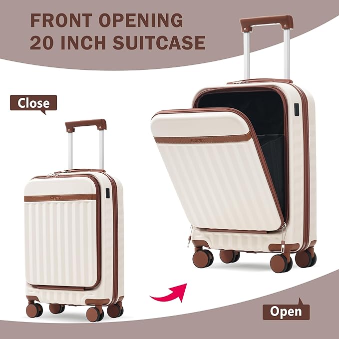 Merax Luggage Sets 2 Piece Front Opening, Hardside Lightweight Carry on Suitcase with USB Port,Durable Expandable Luggage with Bags Spinner Wheels and TSA Lock,White and Brown