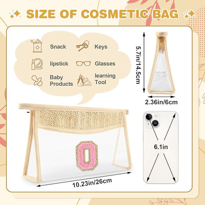 Small Boho Straw Initial Letter Makeup Bag Personalized Gift ,Cute Clear Chenille Patch Makeup Bag With Zipper,Trendy TSA Approved Travel Toiletry Bag,Gift for Women Girls Birthday Friend, Letter O