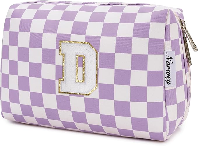 Narwey Birthday Gifts for Women Teen Girls Kids Personalized Initial Makeup Bag Monogram Preppy Cosmetic Bag Trendy Stuff 6 8 10 11 12 13 14 16 18 Years Old Travel Toiletry Bag (Purple Letter D)
