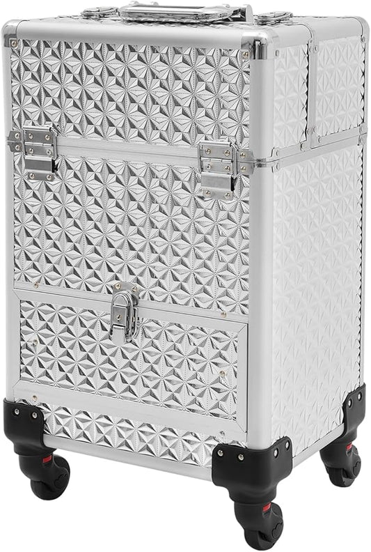 Rolling Makeup Train Case,Multi-functional Cosmetic Trolley with 360° Swivel Wheels Keys,Salon Barber Case Traveling Cart for Nail Technicians Hairstylist (Sliver)