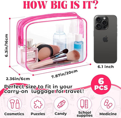 6 Pieces Clear Makeup Bags Bulk TSA Approved Toiletry Bag for Travel PVC Waterproof Clear Cosmetic Pouch with Zipper for Men and Women Carry-on Travel Essentials (Rose Red)