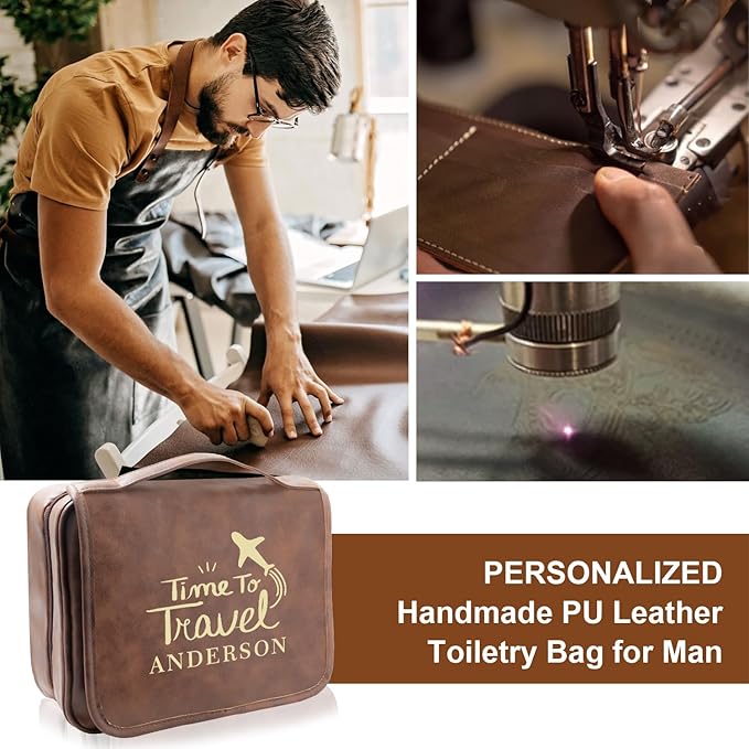 Personalized Leather Toiletry Bag - Waterproof 3-in-1 Large Travel Organizer With Personalized Name, PU Leather Shaving Bag, Organizer Bag for Father, Husban,d Boyfriend (Produced in USA)