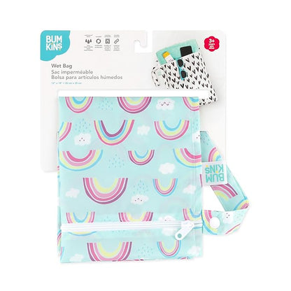 Bumkins Waterproof Wet Bag for Baby, Travel, Swim Suit, Cloth Diapers, Pump Parts, Pool, Beach, Gym Clothes, Toiletry, Hook to Stroller, Daycare, Zipper Reusable Wetdry Packing Pouch, Rainbows Blue