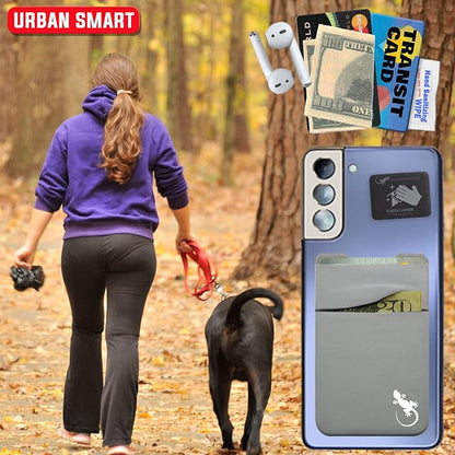 Gecko Travel Tech Double Pocket - Adhesive Card Holder - Cell Phone Pouch - Stick on Spandex Pocket - Carry Credit Cards and Cash - Gray-White