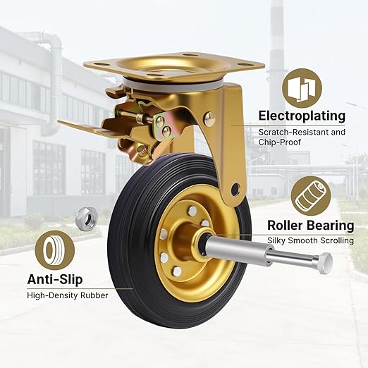 Nefish 6 Inch Outdoor Heavy Duty Caster, Large Castors Wheels Set of 4 with Brake, Durable Industrial Grade Casters 2600 LBS, 360 Degree Plate Swivel Castor Wheels for Cart, Workbench, Machine