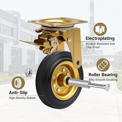 Nefish 6 Inch Outdoor Heavy Duty Caster, Large Castors Wheels Set of 4 with Brake, Durable Industrial Grade Casters 2600 LBS, 360 Degree Plate Swivel Castor Wheels for Cart, Workbench, Machine