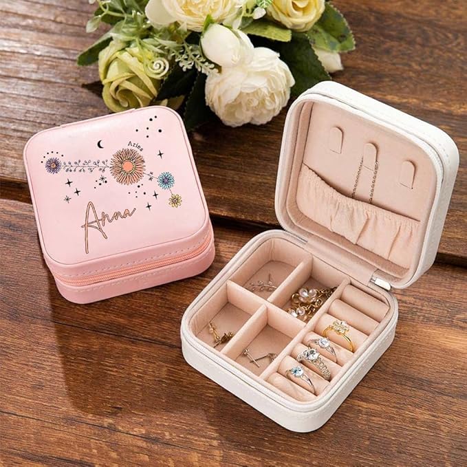 NICEDREAM Personalized Floral Constellation Jewelry Box Custom Name 12 Constellations Travel Jewelry Case Organizer Box for Earrings Rings Necklaces Gift for Women Girls