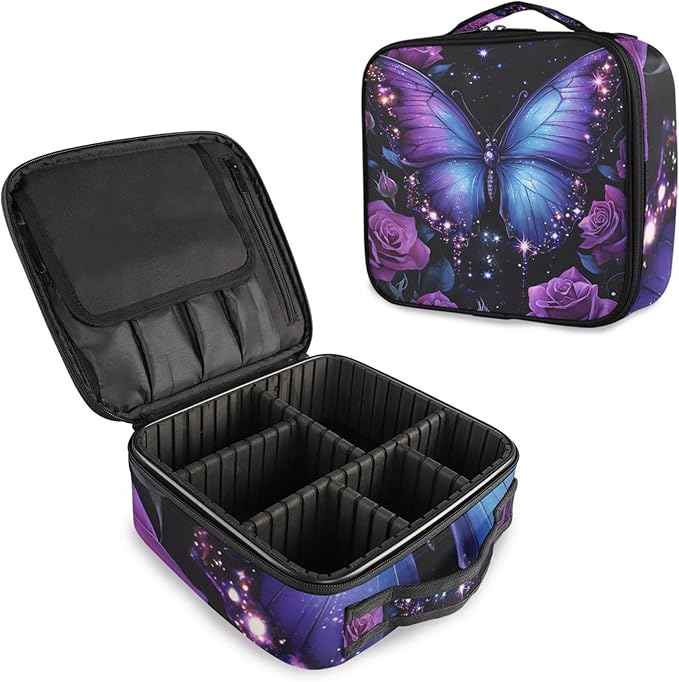 MNSRUU Travel Makeup Bag, Butterfly Rose Women Makeup Case Organizer Cosmetic Toiletry Bag for Teenage Girl with Adjustable Dividers