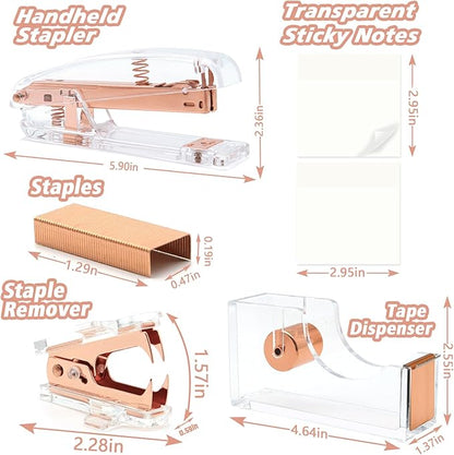 Rose Gold Office Supplies,UPIHO Rose Gold Desk Accessories,Stapler and Tape Dispenser Set with Stapler,Tape Dispenser, Staple Remover, Staples, Clips,Scissor,Pen and Sticky Notes,Gifts for Coworkers