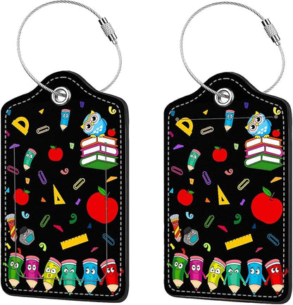 2 Pcs Luggage Tags for Suitcase, Cute Unique PU Leather Travel Bag Tag with Privacy Cover ID Label Address Card and Durable Metal Ring Suitable for Men Women Children Backpack,Dancing Pencils