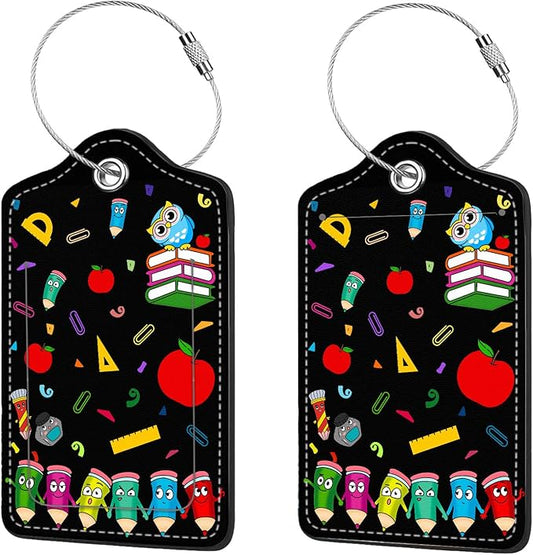 2 Pcs Luggage Tags for Suitcase, Cute Unique PU Leather Travel Bag Tag with Privacy Cover ID Label Address Card and Durable Metal Ring Suitable for Men Women Children Backpack,Dancing Pencils