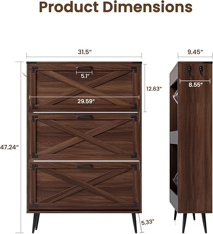 Shoe Organizer Cabinet Narrow with 3 Flip Drawers Shoe Rack Cabinet Hidden Slim Freestanding Shoe Storage Cabinet 24 Shoes for Entryway,Living Room, Rustic Walnut