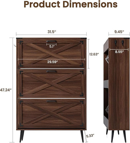 Shoe Organizer Cabinet Narrow with 3 Flip Drawers Shoe Rack Cabinet Hidden Slim Freestanding Shoe Storage Cabinet 24 Shoes for Entryway,Living Room, Rustic Walnut