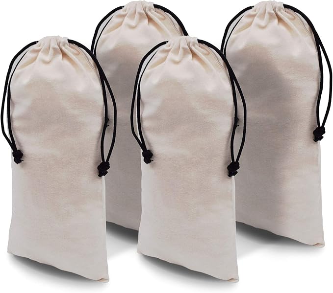ZENPAC Cloth Shoe Bags for Travel, Beige Duster Flannel Pouch with Drawstring Closure, Washable Breathable Cotton Fabric for Luggage, 8x17, 4 Pack