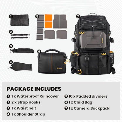 TARION 27L Large Waterproof Camera Backpack - 2 in 1 Professional Camera Bags for Photographers with 15.6" Laptop Compartment & Raincover & Tripod Holder (PB01)