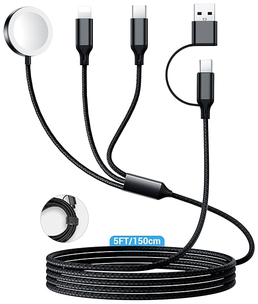 WAVELIFE for Apple Watch Charger Travel Essentials,Multi Charger Cable for iWatch Charger/for iPhone 17-12,3 in 2 USB A/C,Type C,Lighting,iWatch Charging Cord,Vacation RV Camping Essentials-5FT Black