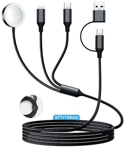WAVELIFE for Apple Watch Charger Travel Essentials,Multi Charger Cable for iWatch Charger/for iPhone 17-12,3 in 2 USB A/C,Type C,Lighting,iWatch Charging Cord,Vacation RV Camping Essentials-5FT Black