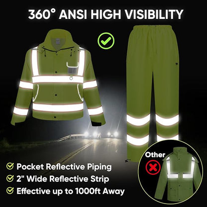 TICONN Hi Vis Rain Jacket and Pants, ANSI Class 3 Reflective High Visibility Safety Rain Suits