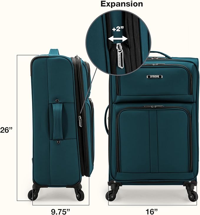 U.S. Traveler Anzio Softside Sturdy Ballistic Nylon Expandable Travel Suitcase Luggage with 4 Spinner Wheels, Teal, Checked-Medium 26-Inch